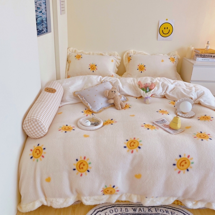 91家纺网 家纺一手货源 找家纺 顾里家纺 新款A版泰迪羊羔绒B版牛奶绒ins风韩国四件套 小太阳