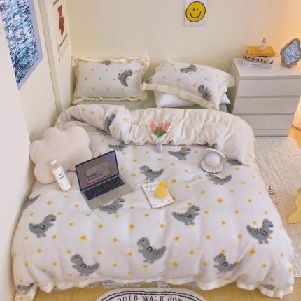 顾里家纺 新款A版泰迪羊羔绒B版牛奶绒ins风韩国四件套 小恐龙