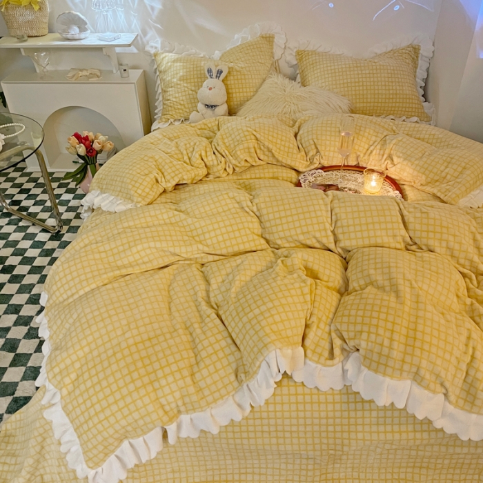 91家纺网 家纺一手货源 找家纺 千朵 2021新款韩版牛奶绒保暖四件套 格格黄