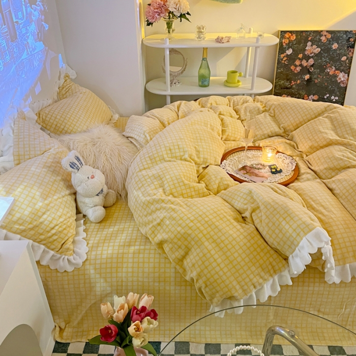 91家纺网 家纺一手货源 找家纺 千朵 2021新款韩版牛奶绒保暖四件套 格格黄