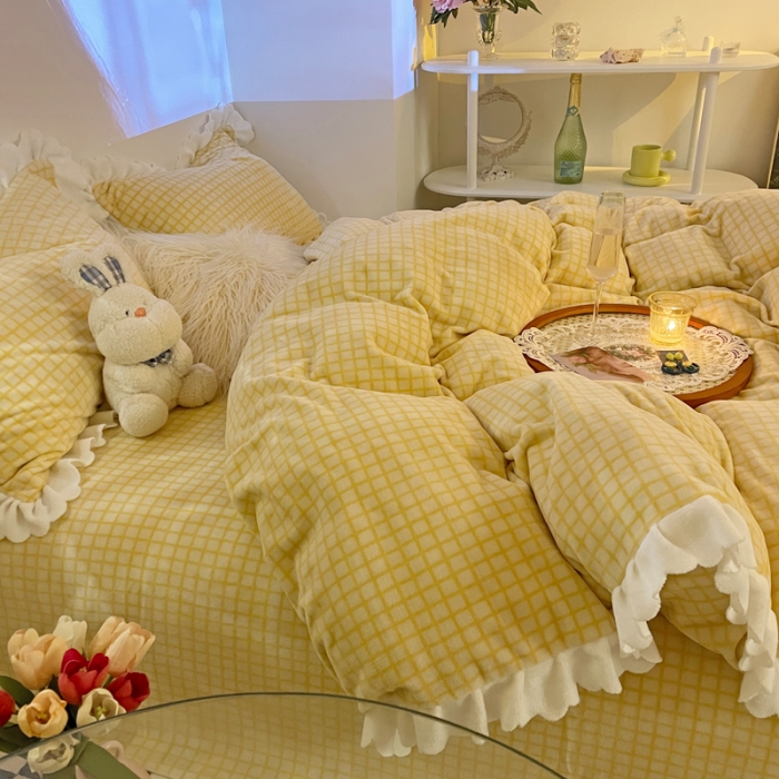 91家纺网 家纺一手货源 找家纺 千朵 2021新款韩版牛奶绒保暖四件套 格格黄