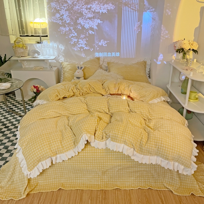 91家纺网 家纺一手货源 找家纺 千朵 2021新款韩版牛奶绒保暖四件套 格格黄