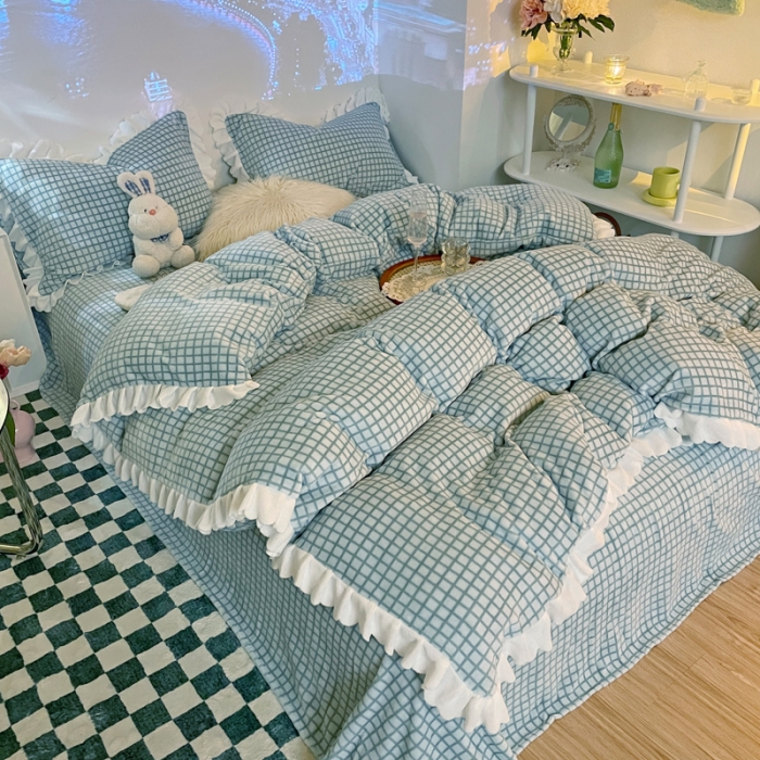 91家纺网 家纺一手货源 找家纺 千朵 2021新款韩版牛奶绒保暖四件套 格格绿