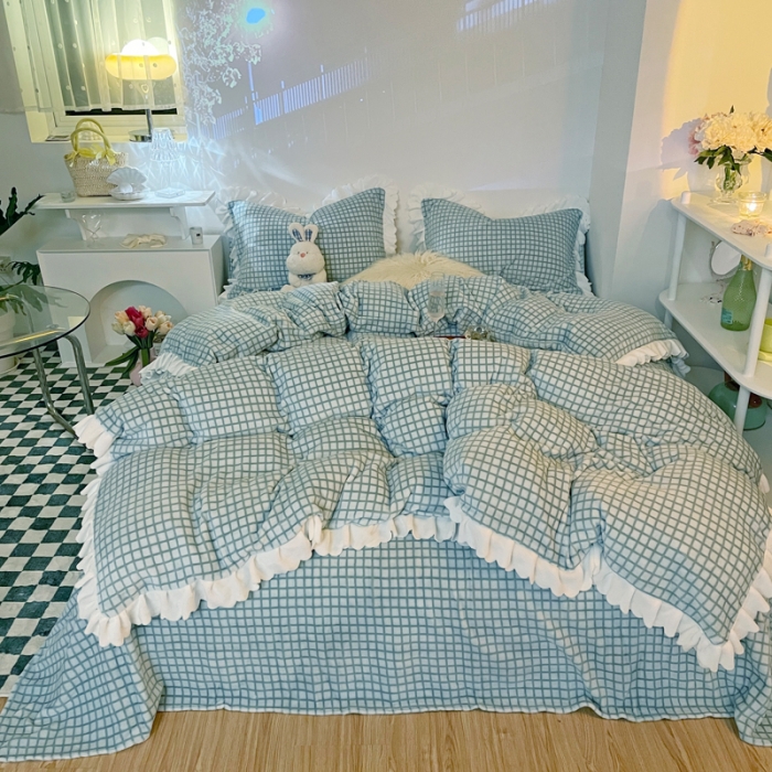 91家纺网 家纺一手货源 找家纺 千朵 2021新款韩版牛奶绒保暖四件套 格格绿