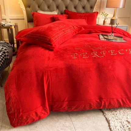 铠畅 2021新款巴黎世家宝宝绒刺绣四件套 黎世家大红
