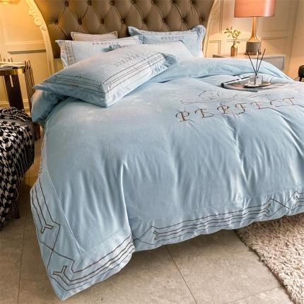 铠畅 2021新款巴黎世家宝宝绒刺绣四件套 黎世家浅蓝