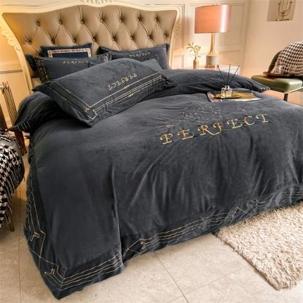 铠畅 2021新款巴黎世家宝宝绒刺绣四件套 黎世家深灰