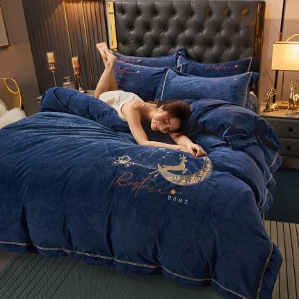 91家纺网 家纺一手货源 找家纺 铠畅 2021新款典雅宝宝绒刺绣四件套 典雅-藏蓝