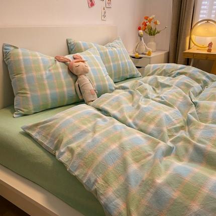 91家纺网 家纺一手货源 找家纺 艾咪 新款日系少女风全棉色织水洗棉四件套 佛暖-果绿