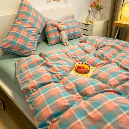 91家纺网 家纺一手货源 找家纺 艾咪 新款日系少女风全棉色织水洗棉四件套 佛暖-粉蓝