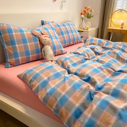 91家纺网 家纺一手货源 找家纺 艾咪 新款日系少女风全棉色织水洗棉四件套 佛暖-中蓝