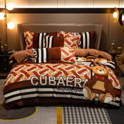 91家纺网 家纺一手货源 找家纺 芯贝儿轻奢风加厚牛奶绒保暖四件套法莱魔法宝宝绒被套 欢乐熊