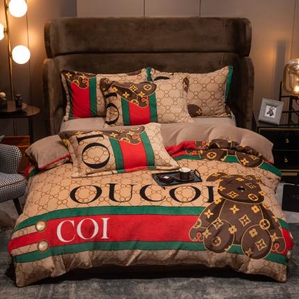 91家纺网 家纺一手货源 找家纺 芯贝儿轻奢风加厚牛奶绒保暖四件套法莱魔法宝宝绒被套 米兰熊