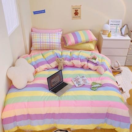 顾里家纺202140支高密度奶油撞色水洗棉四件套 彩虹条纹