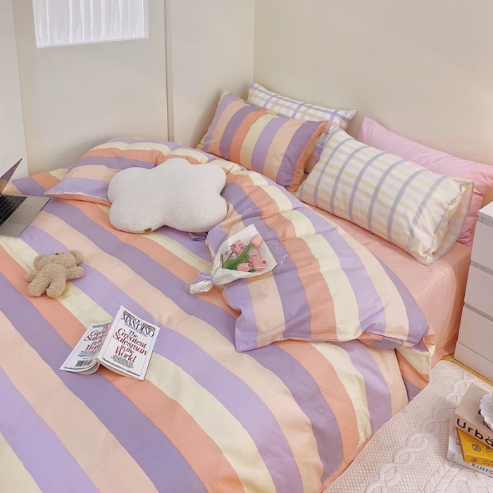 91家纺网 家纺一手货源 找家纺 顾里家纺2021新款40支高密度奶油撞色水洗棉四件套 彩条