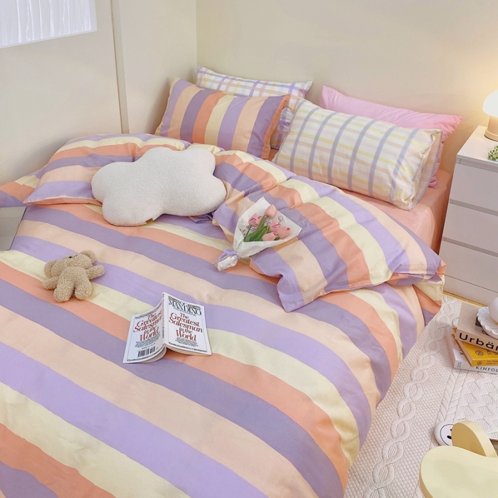 91家纺网 家纺一手货源 找家纺 顾里家纺2021新款40支高密度奶油撞色水洗棉四件套 彩条