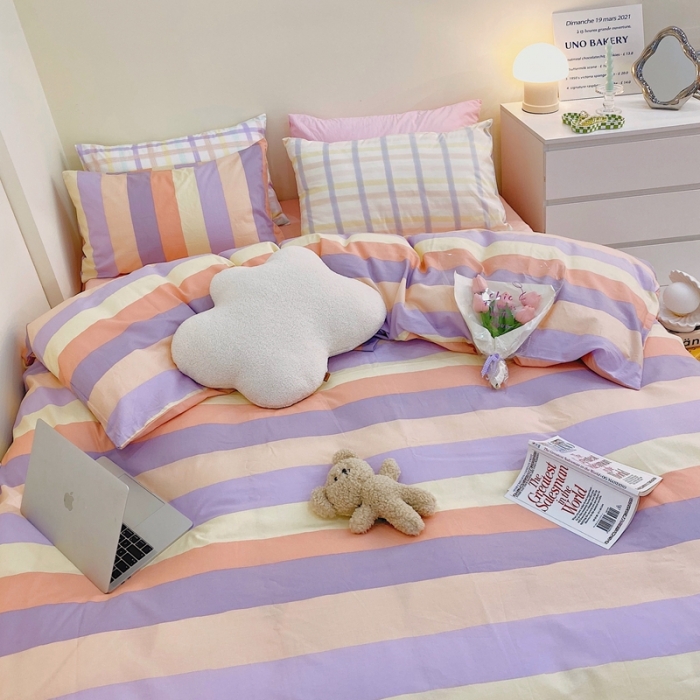 91家纺网 家纺一手货源 找家纺 顾里家纺2021新款40支高密度奶油撞色水洗棉四件套 彩条