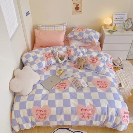 顾里家纺202140支高密度奶油撞色水洗棉四件套 方块爱心