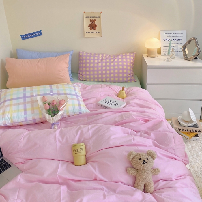 91家纺网 家纺一手货源 找家纺 顾里家纺2021新款40支高密度奶油撞色水洗棉四件套 粉黄绿