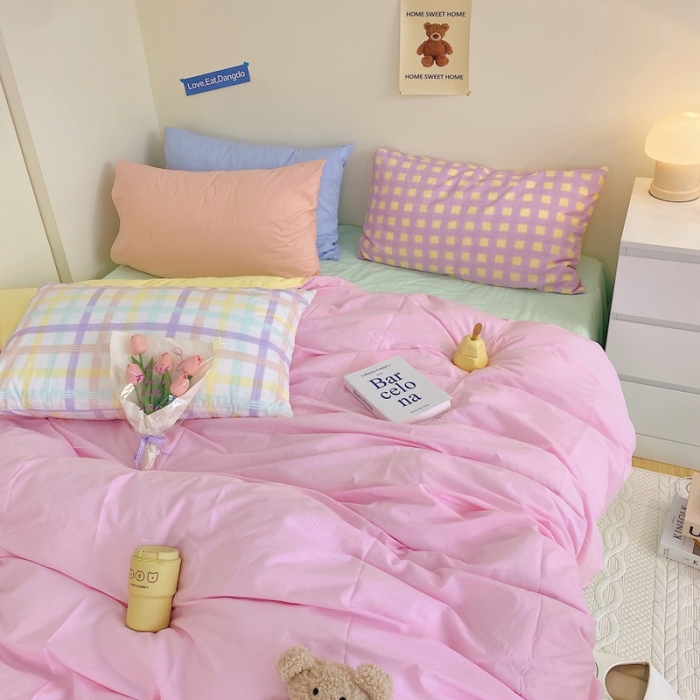 91家纺网 家纺一手货源 找家纺 顾里家纺2021新款40支高密度奶油撞色水洗棉四件套 粉黄绿