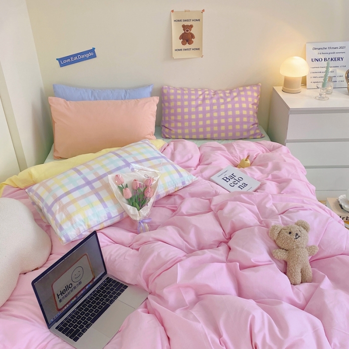 91家纺网 家纺一手货源 找家纺 顾里家纺2021新款40支高密度奶油撞色水洗棉四件套 粉黄绿