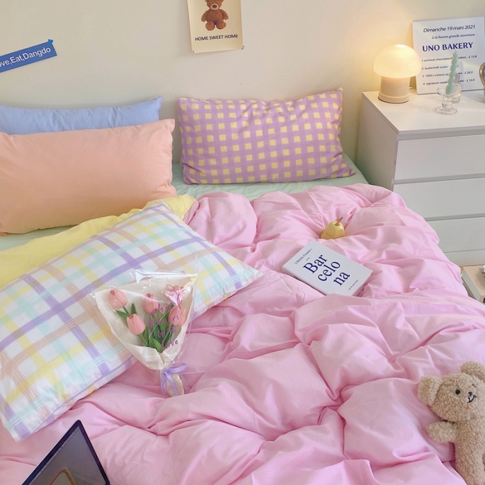 91家纺网 家纺一手货源 找家纺 顾里家纺2021新款40支高密度奶油撞色水洗棉四件套 粉黄绿