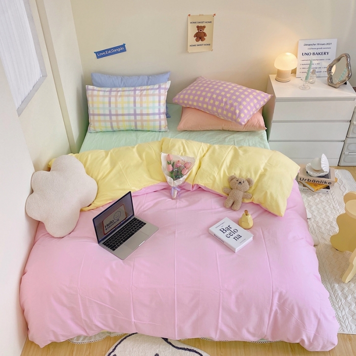 91家纺网 家纺一手货源 找家纺 顾里家纺2021新款40支高密度奶油撞色水洗棉四件套 粉黄绿