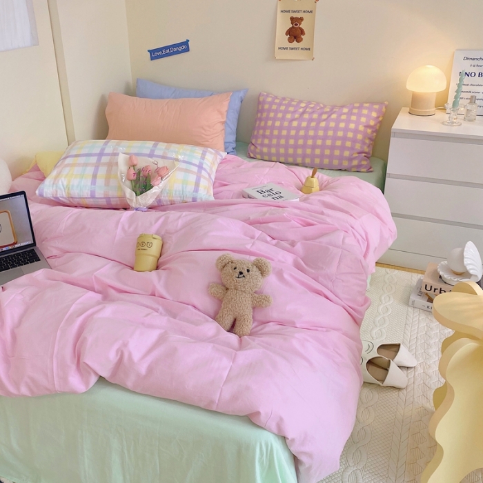 91家纺网 家纺一手货源 找家纺 顾里家纺2021新款40支高密度奶油撞色水洗棉四件套 粉黄绿