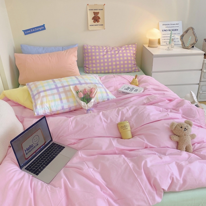 91家纺网 家纺一手货源 找家纺 顾里家纺2021新款40支高密度奶油撞色水洗棉四件套 粉黄绿