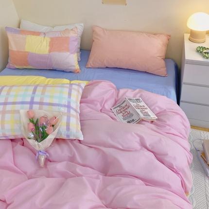 顾里家纺2021新款40支高密度奶油撞色水洗棉四件套 粉黄霾