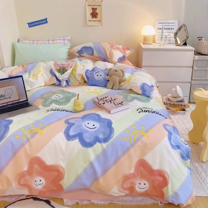 顾里家纺202140支高密度奶油撞色水洗棉四件套 花朵笑脸