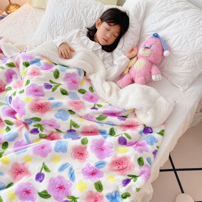 91家纺网 家纺一手货源 找家纺 顾里家纺 2021新款ins网红少女心暖肤羊羔绒毯 花花世界