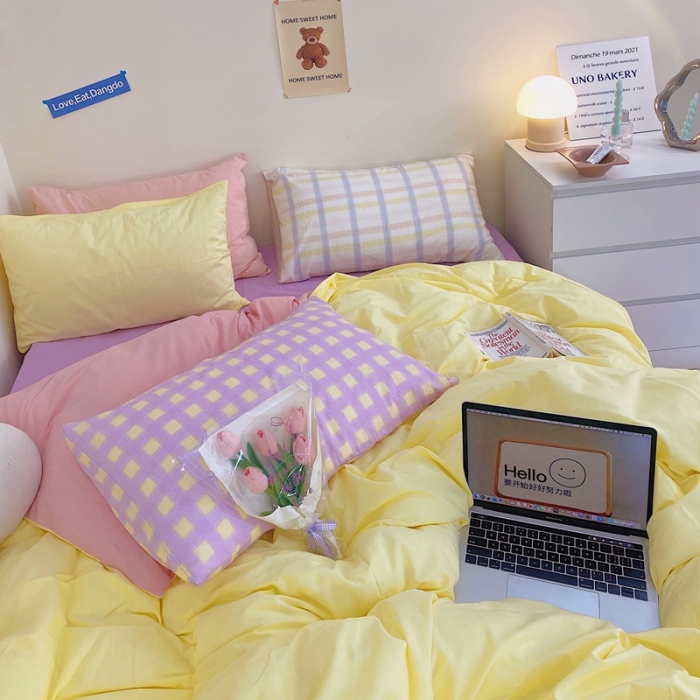 91家纺网 家纺一手货源 找家纺 顾里家纺2021新款40支高密度奶油撞色水洗棉四件套 黄玉紫