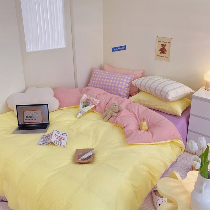 91家纺网 家纺一手货源 找家纺 顾里家纺2021新款40支高密度奶油撞色水洗棉四件套 黄玉紫