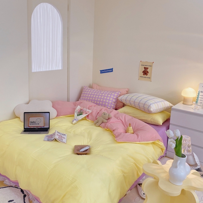 91家纺网 家纺一手货源 找家纺 顾里家纺2021新款40支高密度奶油撞色水洗棉四件套 黄玉紫