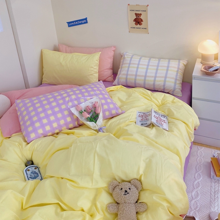 91家纺网 家纺一手货源 找家纺 顾里家纺2021新款40支高密度奶油撞色水洗棉四件套 黄玉紫