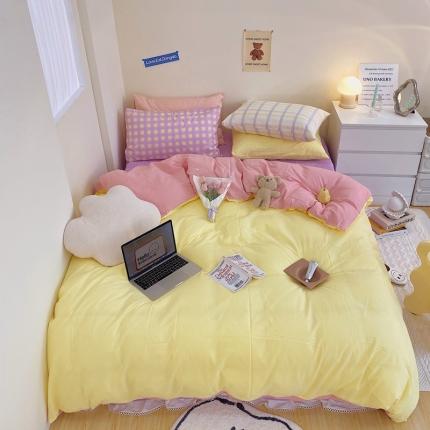 顾里家纺2021新款40支高密度奶油撞色水洗棉四件套 黄玉紫