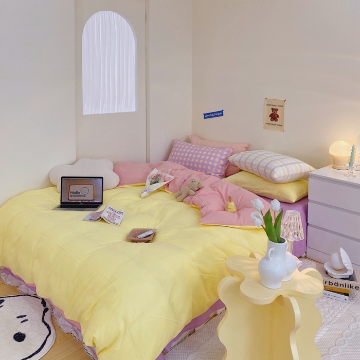 91家纺网 家纺一手货源 找家纺 顾里家纺2021新款40支高密度奶油撞色水洗棉四件套 黄玉紫