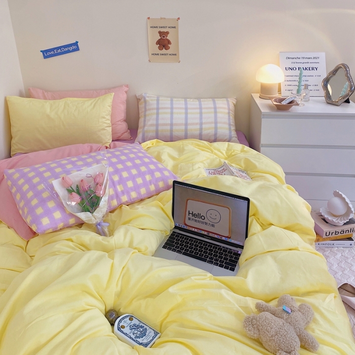 91家纺网 家纺一手货源 找家纺 顾里家纺2021新款40支高密度奶油撞色水洗棉四件套 黄玉紫