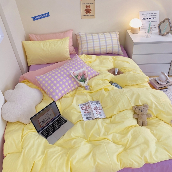 91家纺网 家纺一手货源 找家纺 顾里家纺2021新款40支高密度奶油撞色水洗棉四件套 黄玉紫