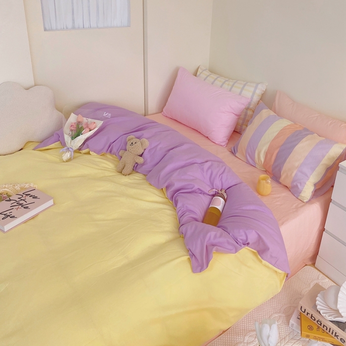 91家纺网 家纺一手货源 找家纺 顾里家纺2021新款40支高密度奶油撞色水洗棉四件套 黄紫玉