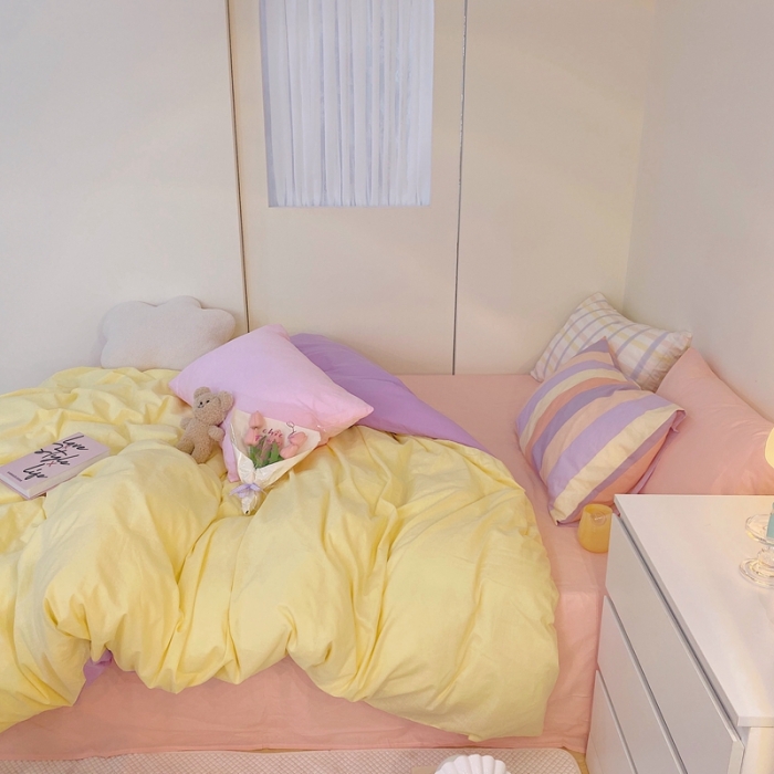 91家纺网 家纺一手货源 找家纺 顾里家纺2021新款40支高密度奶油撞色水洗棉四件套 黄紫玉