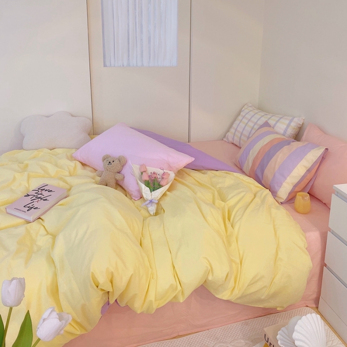 91家纺网 家纺一手货源 找家纺 顾里家纺2021新款40支高密度奶油撞色水洗棉四件套 黄紫玉