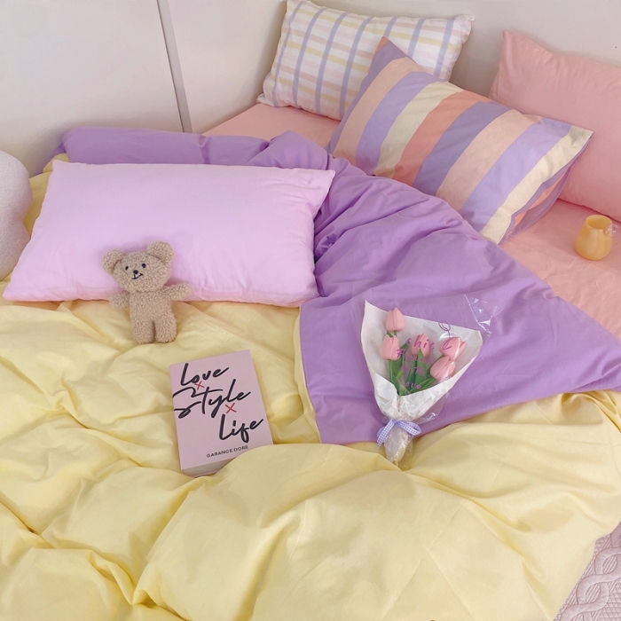 91家纺网 家纺一手货源 找家纺 顾里家纺2021新款40支高密度奶油撞色水洗棉四件套 黄紫玉