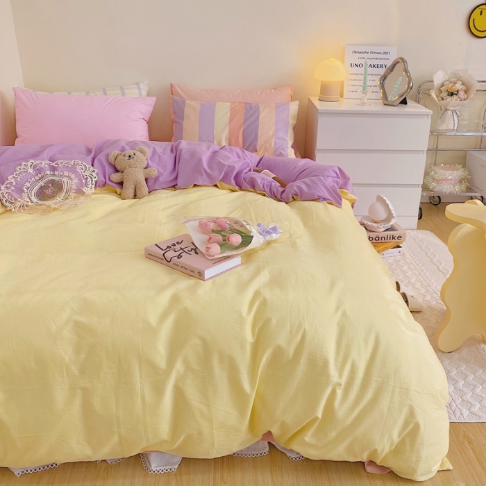 91家纺网 家纺一手货源 找家纺 顾里家纺2021新款40支高密度奶油撞色水洗棉四件套 黄紫玉