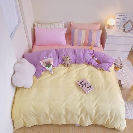 顾里家纺2021新款40支高密度奶油撞色水洗棉四件套 黄紫玉