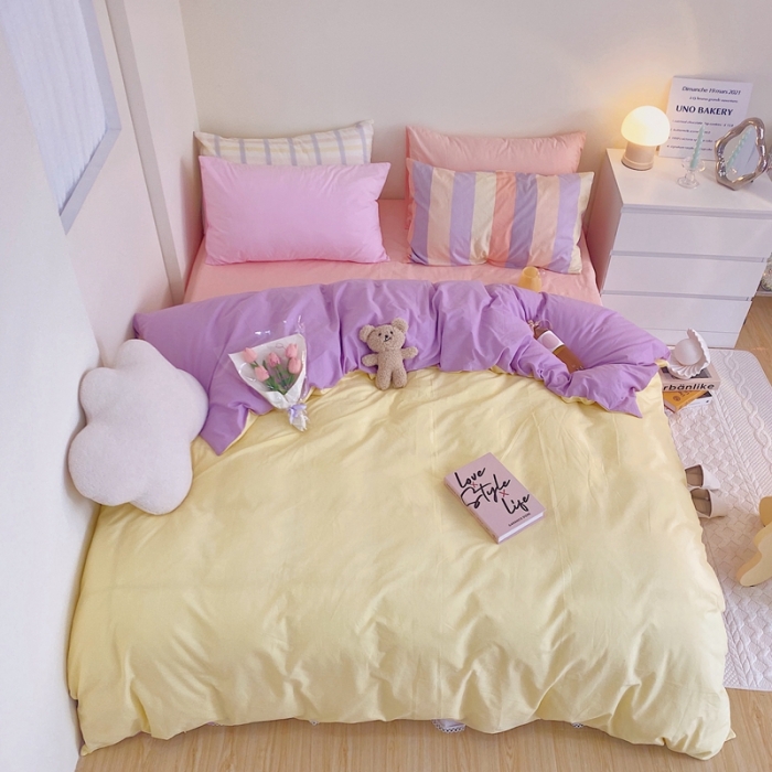 91家纺网 家纺一手货源 找家纺 顾里家纺2021新款40支高密度奶油撞色水洗棉四件套 黄紫玉