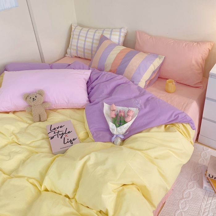 91家纺网 家纺一手货源 找家纺 顾里家纺2021新款40支高密度奶油撞色水洗棉四件套 黄紫玉