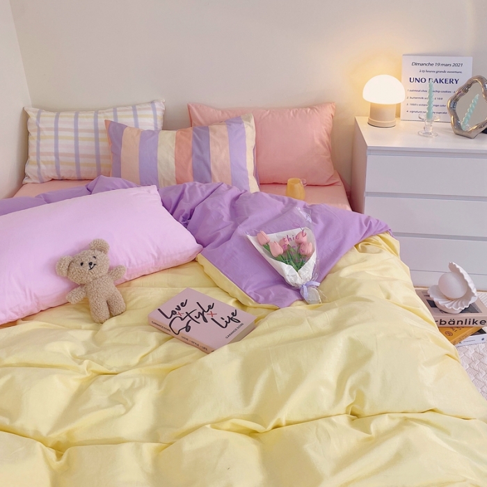 91家纺网 家纺一手货源 找家纺 顾里家纺2021新款40支高密度奶油撞色水洗棉四件套 黄紫玉