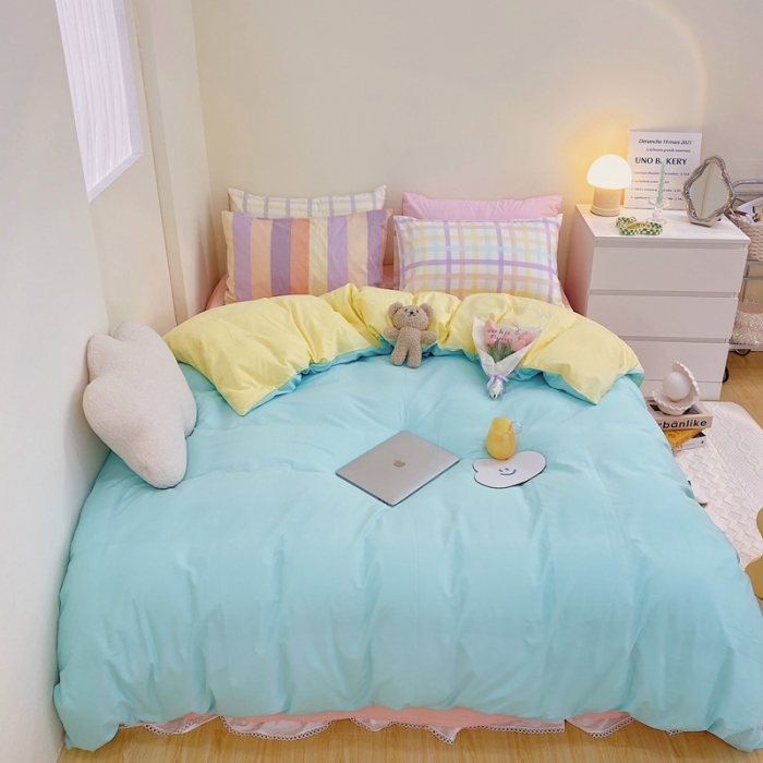 91家纺网 家纺一手货源 找家纺 顾里家纺2021新款40支高密度奶油撞色水洗棉四件套 蓝黄玉